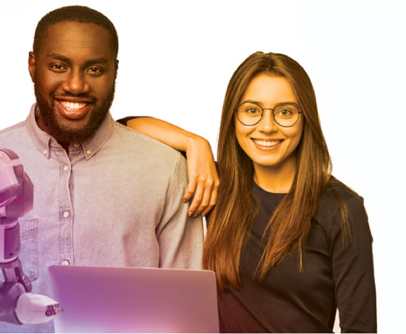 Two people behind a laptopn and robotic arm.