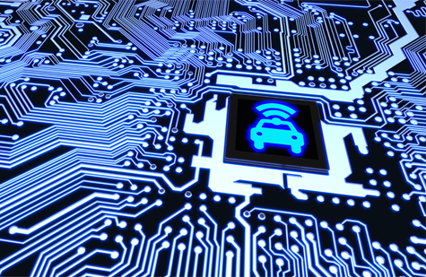 Black and blue printed circuit board with car icon on the processor