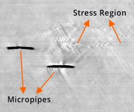 Close up of stress region and micropipes on SiC substrates