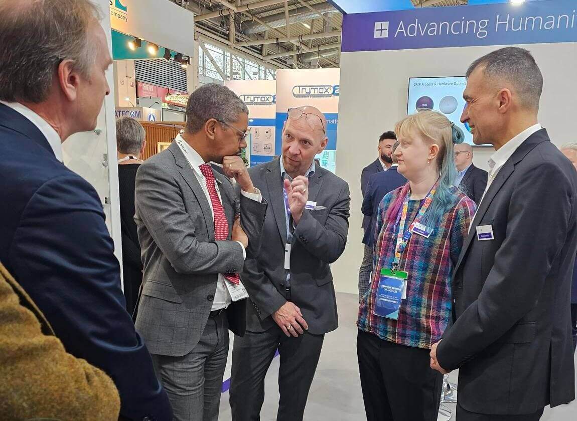 Eloise Bond joins Welsh government minister of economy Vaughan Gething (second from left) and KLA executives at SEMICON Europa 2023.
