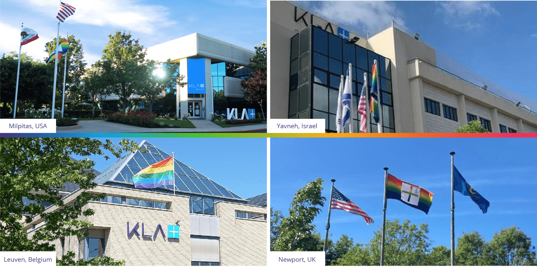 An image of the pride flag flying at several KLA offices around the world