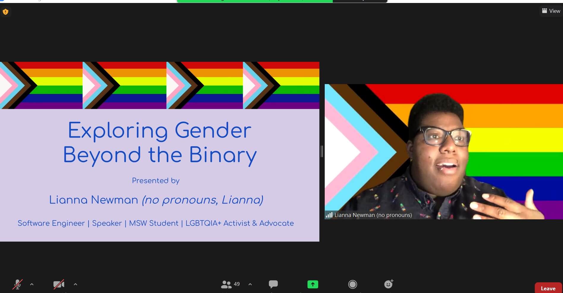 A screenshot of a Zoom meeting where speaker Lianna Newman presents on exploring gender beyond the binary