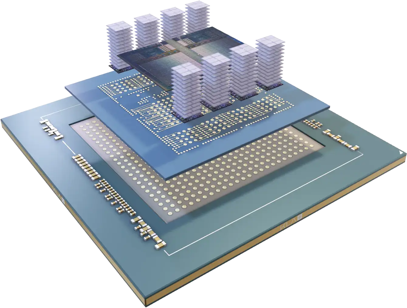Advanced packaging technology integrates the GPU and HBMs into one AI chip package, with the interposer and IC substrate facilitating communication and data transfer between chips.