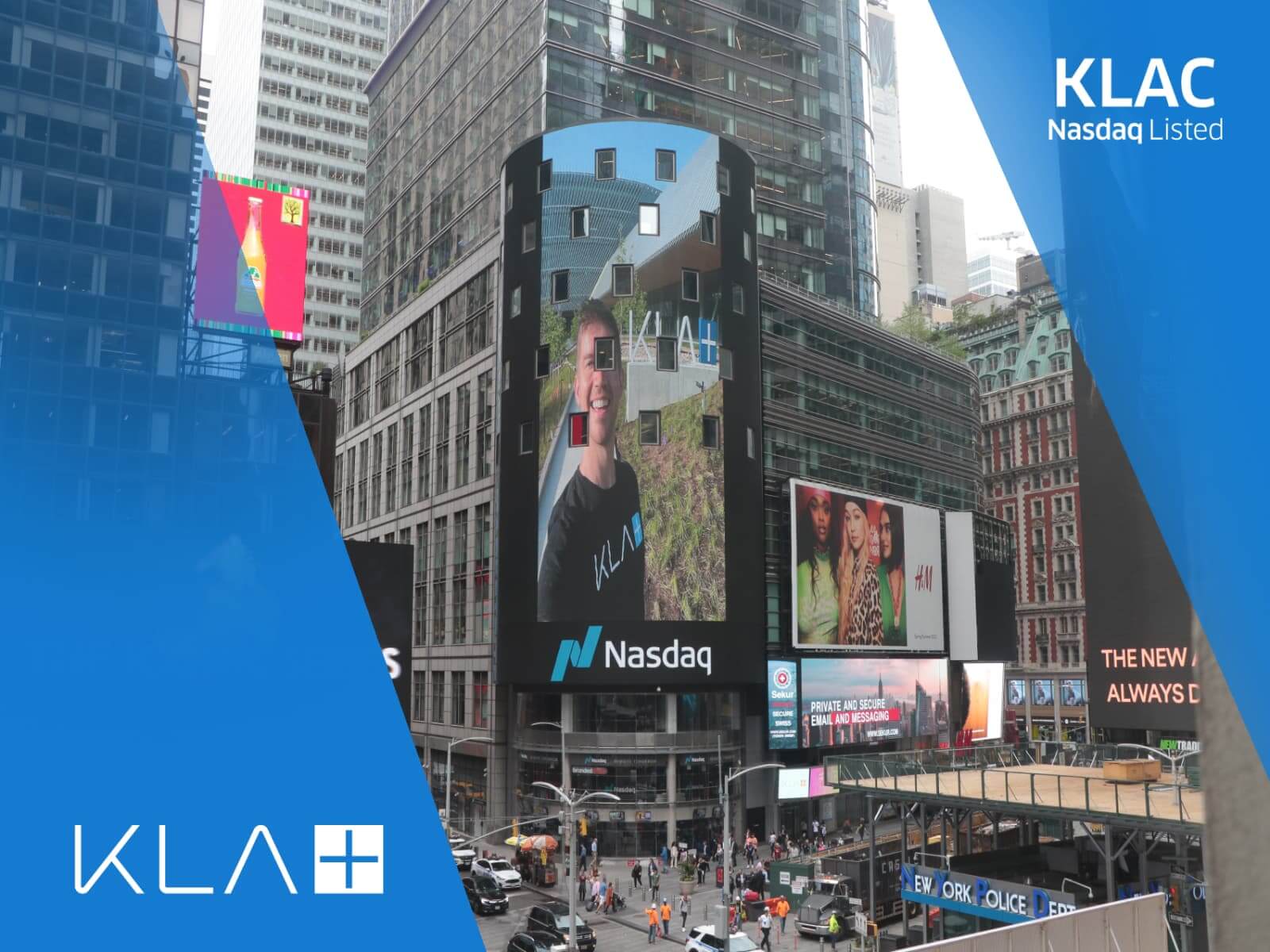 Picture of KLA employee on building-facade in New York City during the KLA Nasdaq launch