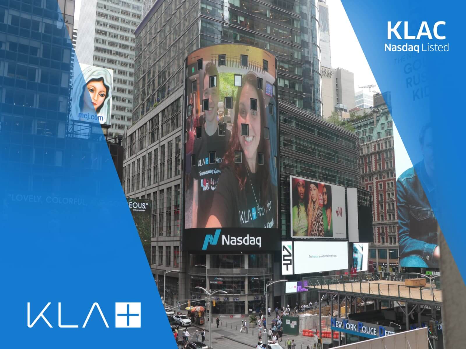 Picture of KLA employee on building-facade in New York City during the KLA Nasdaq launch