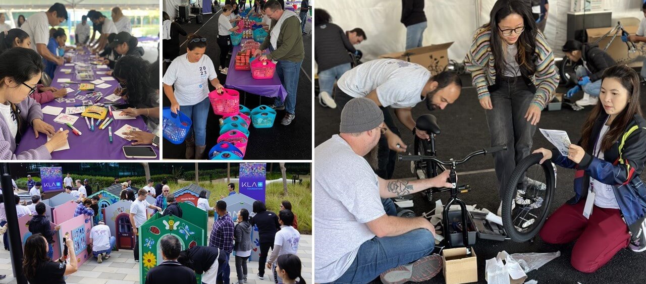 KLA employees assembling welcome kits for Foster Teens, Science Kits, Bikes and Playhouses