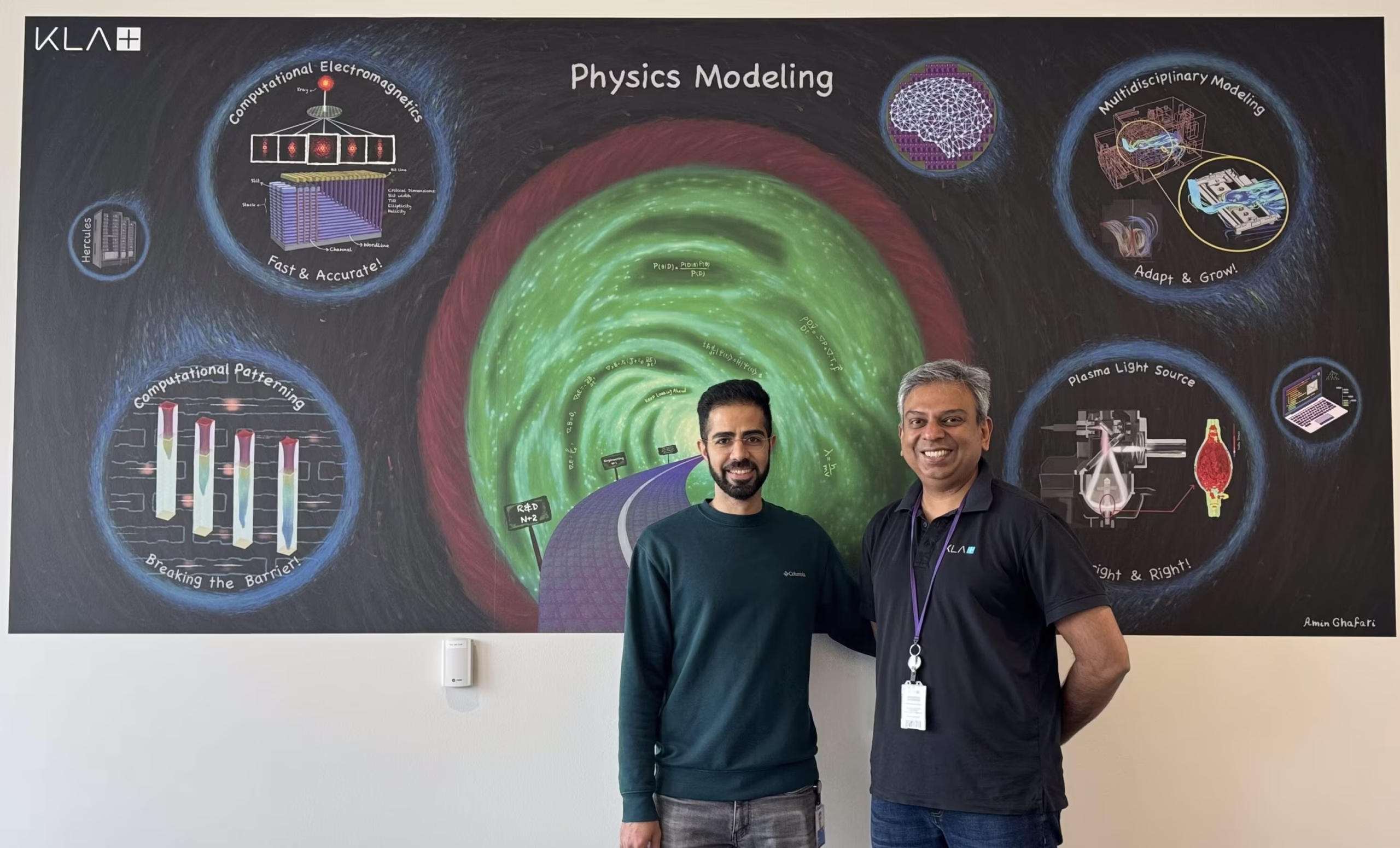 KLA’s Amin Ghafarizeydabadi (left) and Vijay Ramachandran (right) standing in front of the four areas in physics mural in KLA’s AI and Modeling Center of Excellence Ann Arbor office.